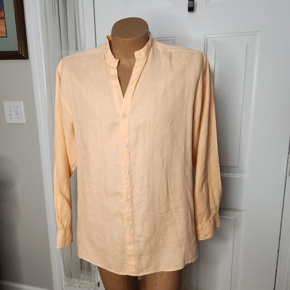 Carribean Mens Apricot Peach Nehru Collar 100% Linen Shirt  Size Large - Picture 9 of 9